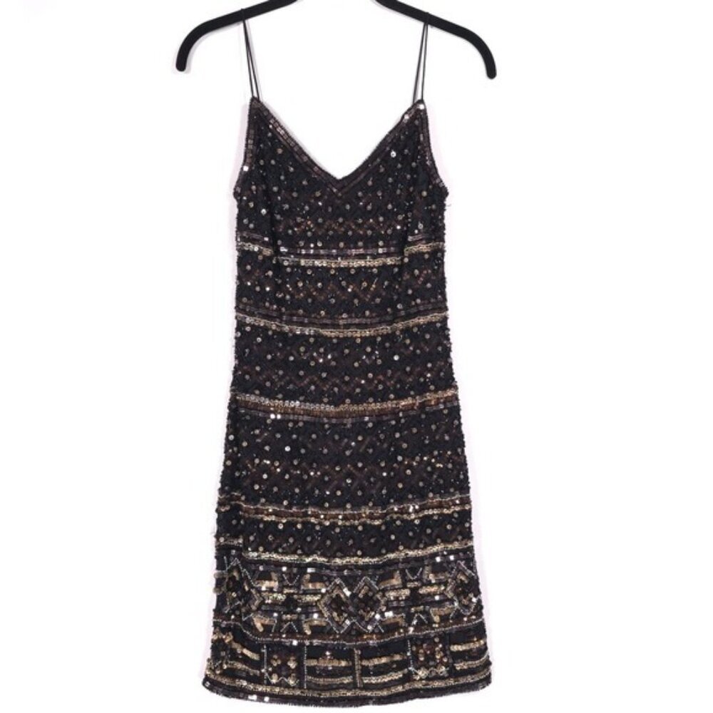 THEIA Sleeveless Embellished Beaded Cocktail Mini Dress Size 2‎ Black Brown